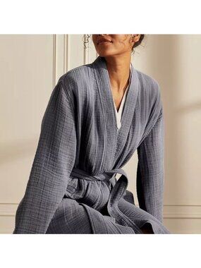 Boll & Branch Organic Cotton Robe Unisex XS Slate Blue Gauze Kimono Spa Pool